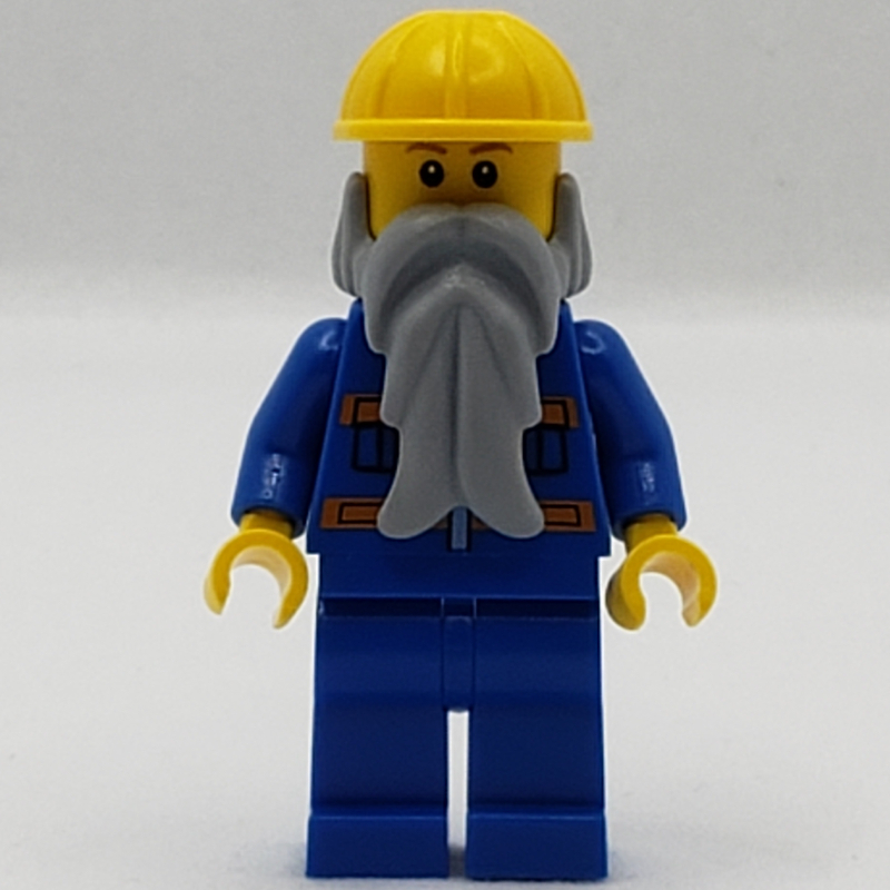 Lego Man, Blue Jacket with Orange Stripes, Blue Legs, Yellow Hard Hat, Light Bluish Gray Beard, Reddish Brown Eyebrows