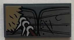Tile 2 x 4 with Pearl Dark Gray Armor, Dark Tan Fur, and Metallic Silver Spikes on Reddish Brown Sash Upper Pattern (Sticker) - Set 76075 / Dark Bluish Gray