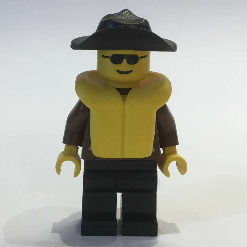 Lego Man, Brown Jacket, Black Legs, Black Hat, Yellow Life Vest, Sunglasses