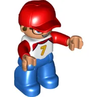 Duplo Figure with Cap Red, Blue Legs, Red Arms, and Yellow '7' Print / White