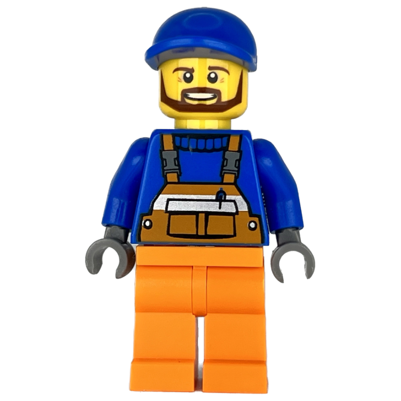 Lego Construction Worker, Orange Overalls over Blue Sweater, Blue Cap, Beard