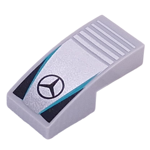 Lego Brick Curved 2 x 1 No Studs with Mercedes Symbol, Dark Turquoise Lines, Black Triangles print / Light Bluish Gray