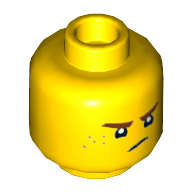 Lego Minifig Head Jay, Reddish Brown Eyebrows and Freckles, Lopsided Grin / Frown Print / Yellow