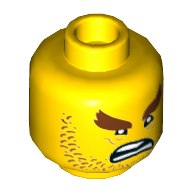 Lego Minifig Head Shark Army, Reddish Brown Stubble and Bushy Eyebrows, Wrinkles, Open Mouth Scowl Print [Hollow Stud] / Yellow