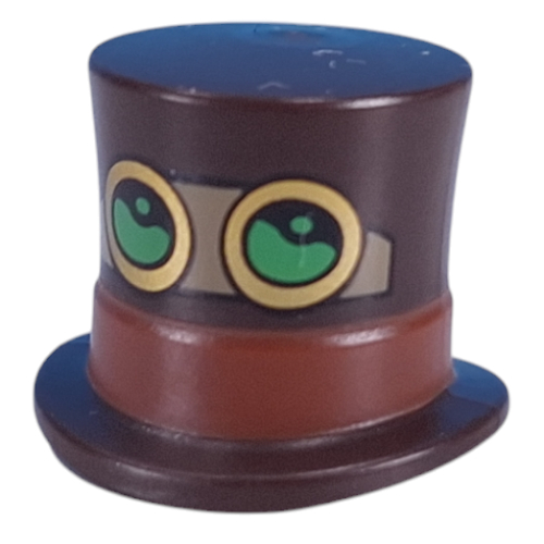 Lego Top Hat with Reddish Brown Band, Dark Tan Strap, Gold Goggles, Bright Green Glass print / Dark Brown