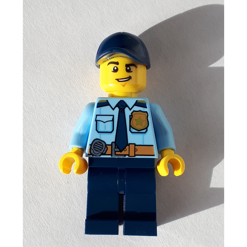 Lego Policeman, Bright Light Blue Shirt with Dark Blue Tie, Badge, and Radio on Belt, Dark Blue Cap, Open Mouth