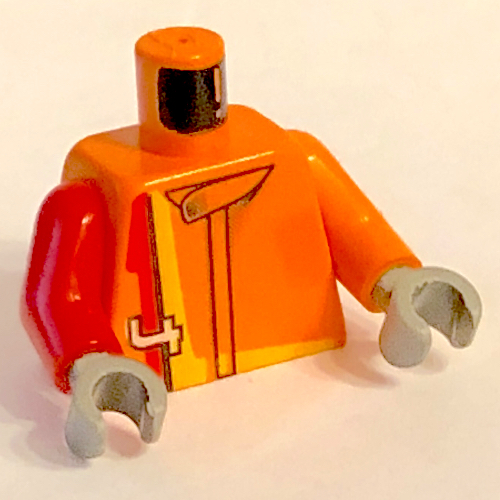 Lego Torso, Odd Arms, Racing Jacket with '4' with Red and Yellow Stripe Print, Left Orange Arm, Right Red Arm, Dark Gray Hands / Orange