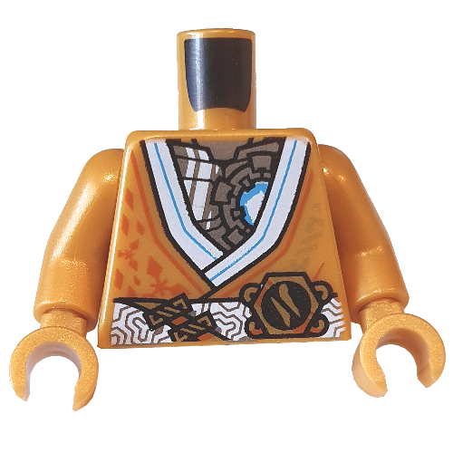 Lego Torso Robe, White and Azure Trim, Light Bluish Gray Mechanical Chest Print, Pearl Gold Arms and Hands / Pearl Gold