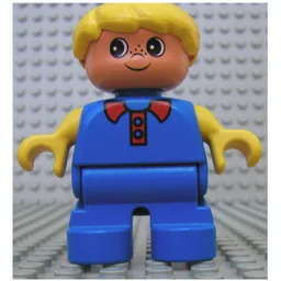Duplo Figure, Early Child, Hair Swept Left Yellow, Blue Legs, Yellow Arms, Red Collar and Freckles Print / Blue