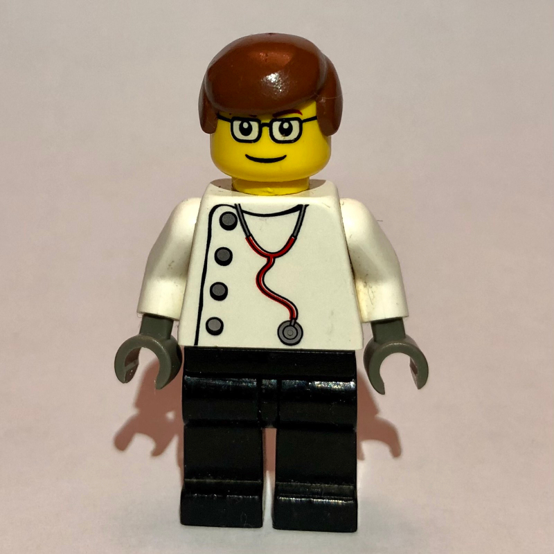 Lego Doctor, White Shirt with Stethoscope and Side Buttons, Reddish Brown Hair, Glasses
