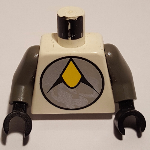 Lego Torso Yellow/Silver Exploriens Logo Print, Dark Gray Arms, Black Hands / White
