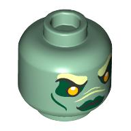 Lego Minifig Head Merperson, Alien, Yellowish Green Eyebrows, Dark Green eyeshadow, Lips, Bright Light Yellow Eyes, Neutral/Angry with Teeth/Fangs print / Sand Green