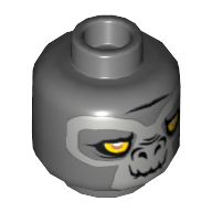 Lego Minifig Head Grumlo, Dual Sided, Gorilla with Yellow Eyes and Gray Face Closed Mouth / Crooked Smile Print [Hollow Stud] / Dark Bluish Gray