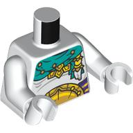 Lego Torso, Dark Turquoise Scarf/Cloak, Dark Purple Belt, Gold Belt Buckle print, White Arms and Hands / White