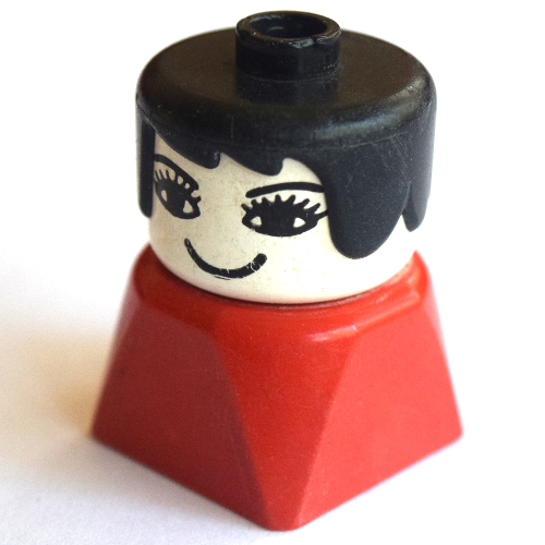 Lego Duplo 2 x 2 x 2 Figure Brick Early, Long Swept Hair Black, Eyelashes, Looking Straight Print / Red