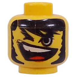 Minifig Head, Open Mouth and Teeth, Long Black Hair, One Closed Eye Print [Blocked Open Stud] / Yellow