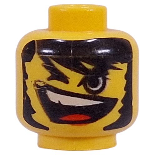 Lego Minifig Head, Open Mouth and Teeth, Long Black Hair, One Closed Eye Print [Blocked Open Stud] / Yellow