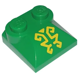 Brick Curved 2 x 2 x 2/3 Two Studs and Curved Slope End with Ornate Yellow Lines Print / Green