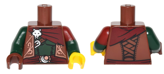 Lego Torso Vest Ornate, Sash, Silver Wolf / Fox Head Pattern / Dark Green Arm Left with Dark Red Short Sleeve Pattern / Dark Green Arm Right / Yellow Hand Left / Reddish Brown Hand Right