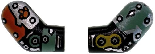 Lego Arm, (Matching Left and Right) Pair with Silver Armor Plates and Bolts, Orange and Sand Green Panels Pattern / Black