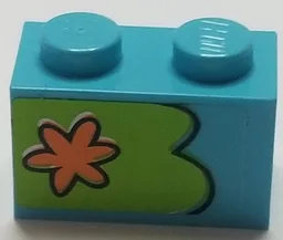 Brick 1 x 2 with Orange Flower on Lime Background Pattern Model Left Side (Sticker) - Set 75903 / Medium Azure