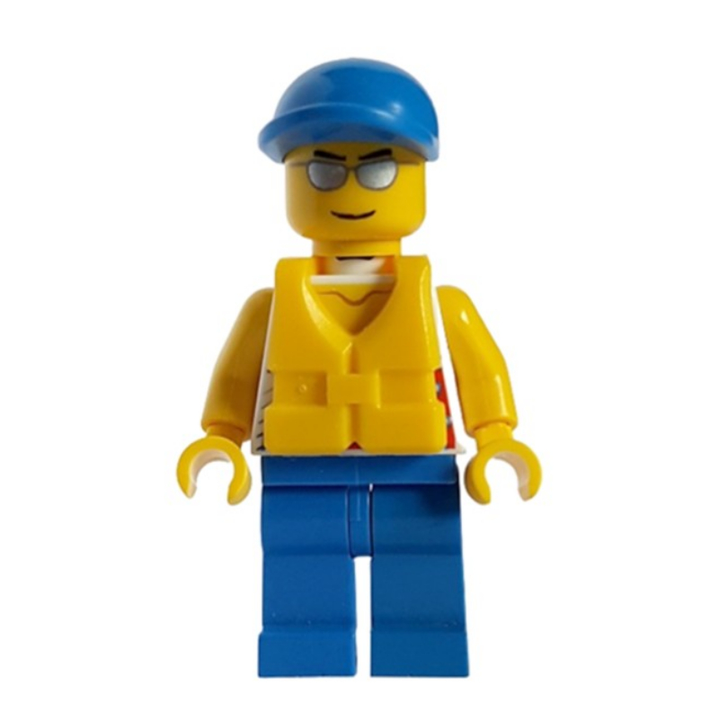 Lego Man, White Tank Top with Windsurfer, Blue Legs, Blue Cap, Silver Sunglasses