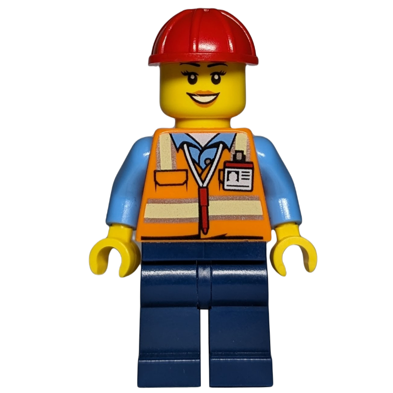 Lego Construction Worker - Orange Torso, Dark Blue Legs, Red Helmet, Female