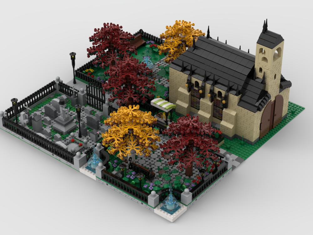 Lego Modular Church With Cemetery | build from 4 MOCs