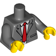 Lego Torso Suit Jacket, Open with White Shirt and Red Tie Print, Dark Bluish Gray Arms, Yellow Hands / Dark Bluish Gray