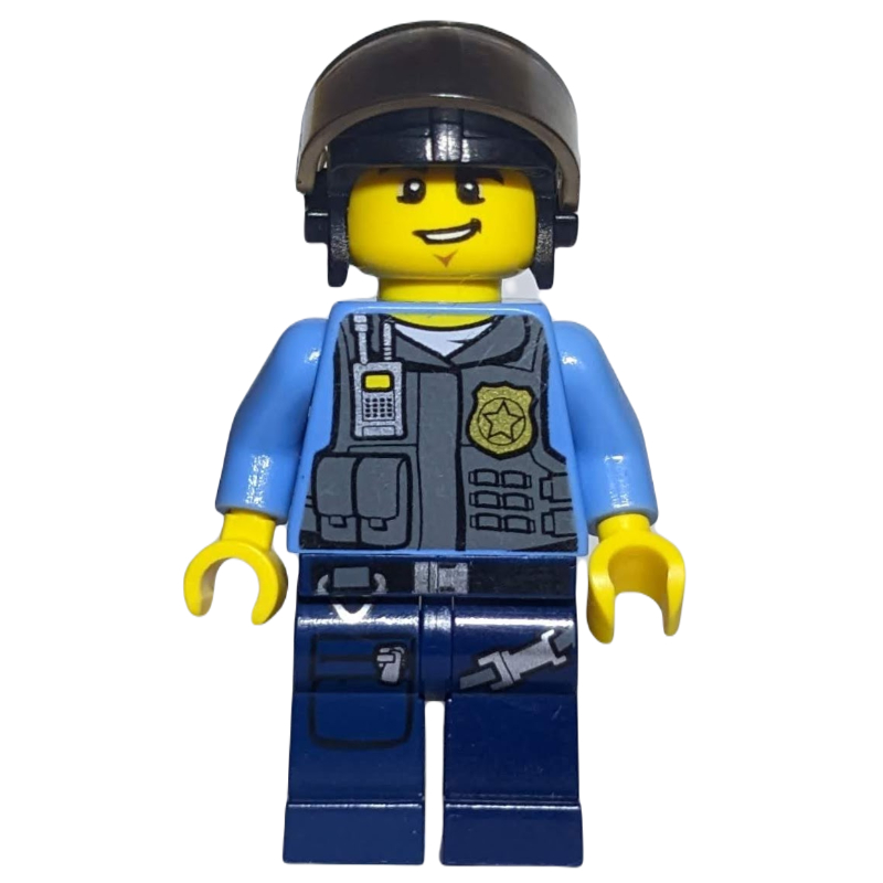 Lego Policeman, Dark Bluish Gray Vest with Radio, Badge and Pouches over Medium Blue Shirt, Black Hat with Visor, Open Mouth