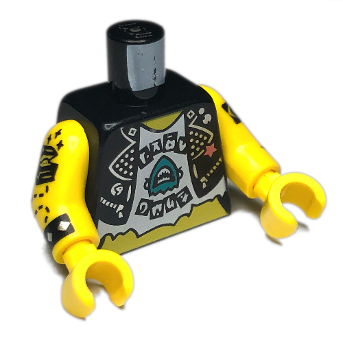 Lego Torso Vest Jacket, Open over White Shirt with Dark Turquoise Shark, Tattoos print, Yellow Arms and Hands / Black