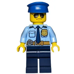 Policeman, Bright Light Blue Shirt with Dark Blue Tie, Badge, and Radio on Belt, Dark Blue Legs, Blue Hat, Sunglasses