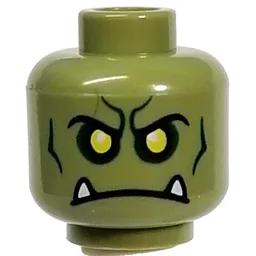 Minifig Head Orc, Yellow Eyes, Dark Green Contour Lines, White Fangs Print / Olive Green