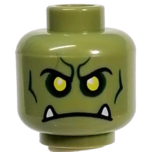 Lego Minifig Head Orc, Yellow Eyes, Dark Green Contour Lines, White Fangs print / Olive Green