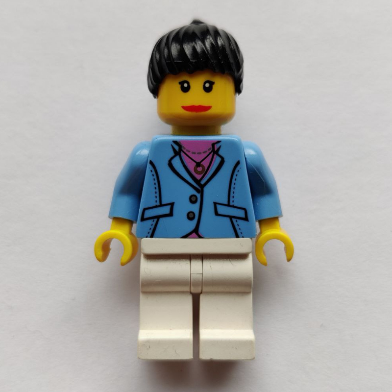 Lego Woman, Medium Blue Jacket, White Legs, Black Ponytail Hair