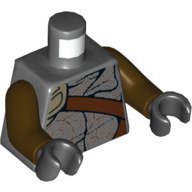 Lego Torso Shirt with Spirals, Reddish Brown Straps and Dark Tan Pouch Print, Dark Brown Arms, Black Hands / Dark Bluish Gray