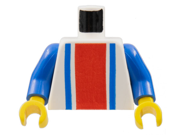 Lego Torso with Vertical Thick Red Stripe and Thin Blue Stripes Pattern / Blue Arms / Yellow Hands