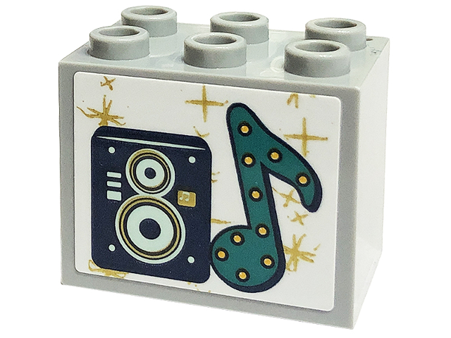 Lego Container, Cupboard 2 x 3 x 2 - Hollow Studs with Speaker and Dark Turquoise Music Note with Gold Dots and Stars Pattern (Sticker) - Set 41449
