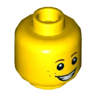 Minifig Head, Brown Eyebrows, Freckles, Smile Open Mouth / Scared Crooked Mouth / Yellow