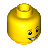 Lego Minifig Head, Brown Eyebrows, Freckles, Smile Open Mouth / Scared Crooked Mouth / Yellow