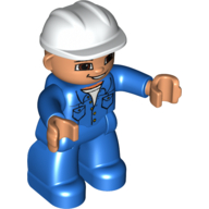 Lego Duplo Figure with Construction Helmet White, and Blue Long Sleeve Jacket, and Legs, Brown Eyes and Open Mouth Smile / Blue