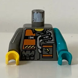 Torso, Odd Arms and Hands, Orange Patch, 2 Hoses Print (Chief), Left Dark Turquoise Arm and Hand, Right Dark Gray Arm and Yellow Hand / Dark Gray