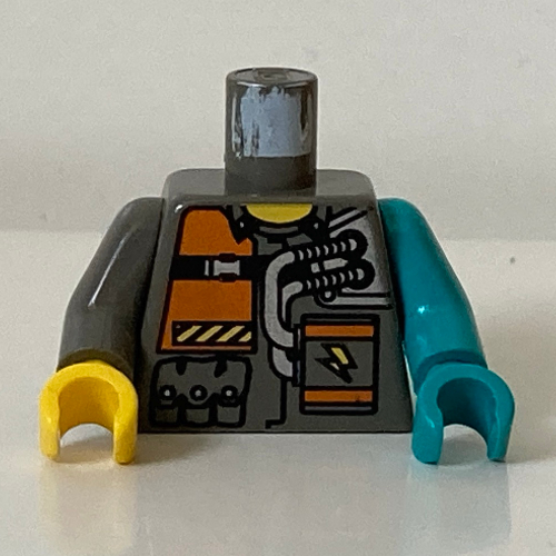 Lego Torso, Odd Arms and Hands, Orange Patch, 2 Hoses Print (Chief) , Left Dark Turquoise Arm and Hand, Right Dark Gray Arm and Yellow Hand / Dark Gray