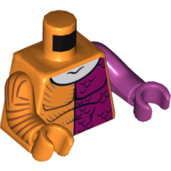 Lego Torso, Odd Arms and Hands, Muscles, Half Magenta, White Neck Print, Left Magenta Arm and Hand, Right Orange Arm and Hand / Orange