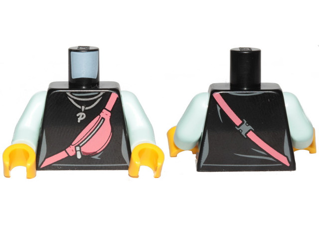 Lego Torso Female Top with Coral Diagonal Kidney Bag and Silver Necklace with Letter P Pendant Pattern / Light Aqua Arms / Yellow Hands