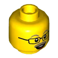 Minifig Head Top Hat Tom, Dark Tan Eyebrows and Moustache, Square Glasses, Open Mouth Smile Print / Yellow