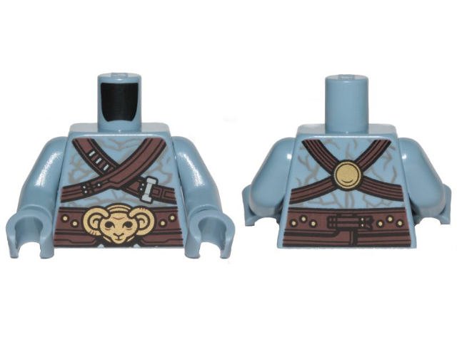 Lego Torso Alien Bare Chest with Dark Brown Diagonal Belts and Gold Ram Pattern / Sand Blue Arms / Sand Blue Hands