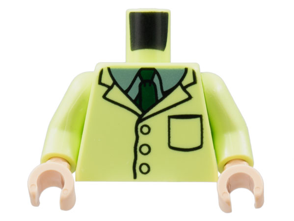 Lego Torso Lab Coat, Sand Green Collar, Dark Green Tie Pattern / Yellowish Green Arms / Light Nougat Hands