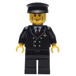 Pilot, Black Suit with Tie and Airplane Badge, Black Hat, Cheek Lines