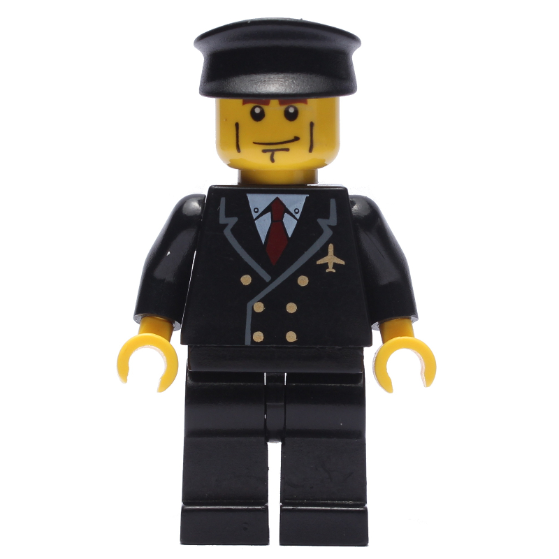 Lego Pilot, Black Suit with Tie and Airplane Badge, Black Hat, Cheek Lines